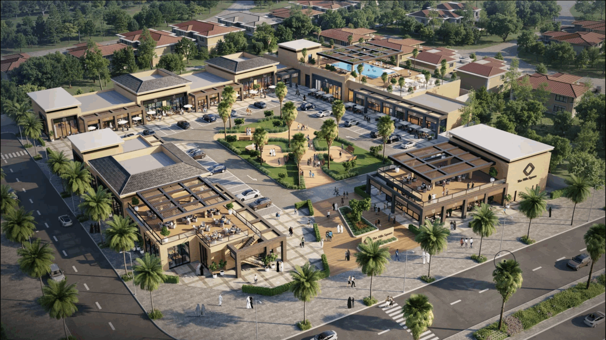 Aerial view of The Villa Square, a boutique retail and wellness destination in Wadi Al Safa 5, developed by KeyMavens Group under Eng. Munthir Al Ali.